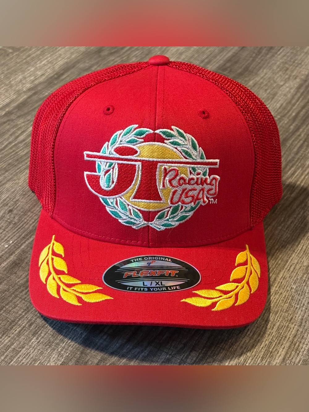 JT Racing USA Red Laurel Grand Prix Flexfit Trucker Hat L/XL